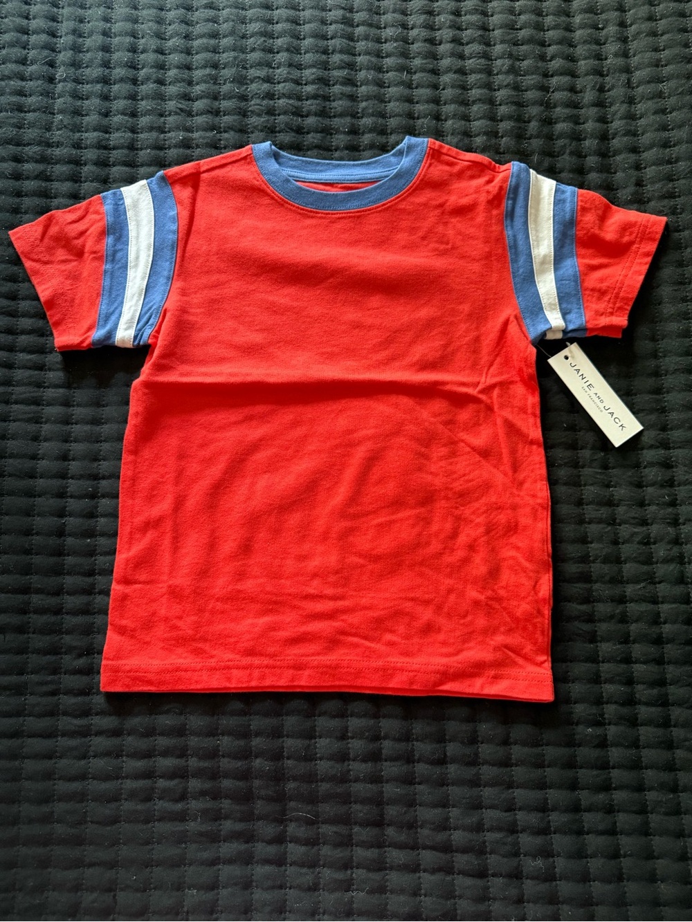 Janie and Jack Red Tee with Blue and White Sleeve Stripes